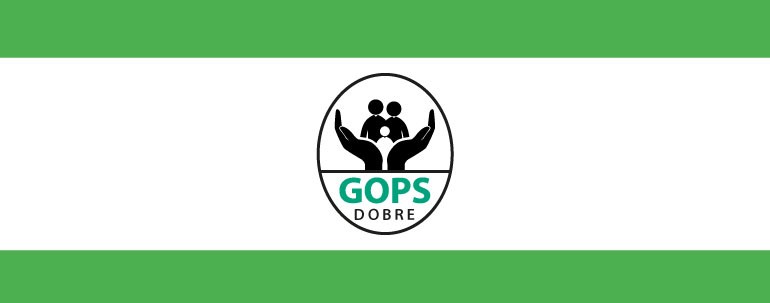 Obrazek przedstawia logo Gminnego Ośrodka Pomocy Społecznej w Dobrem. Symbol dłoni i postaci na biało zielonym tle