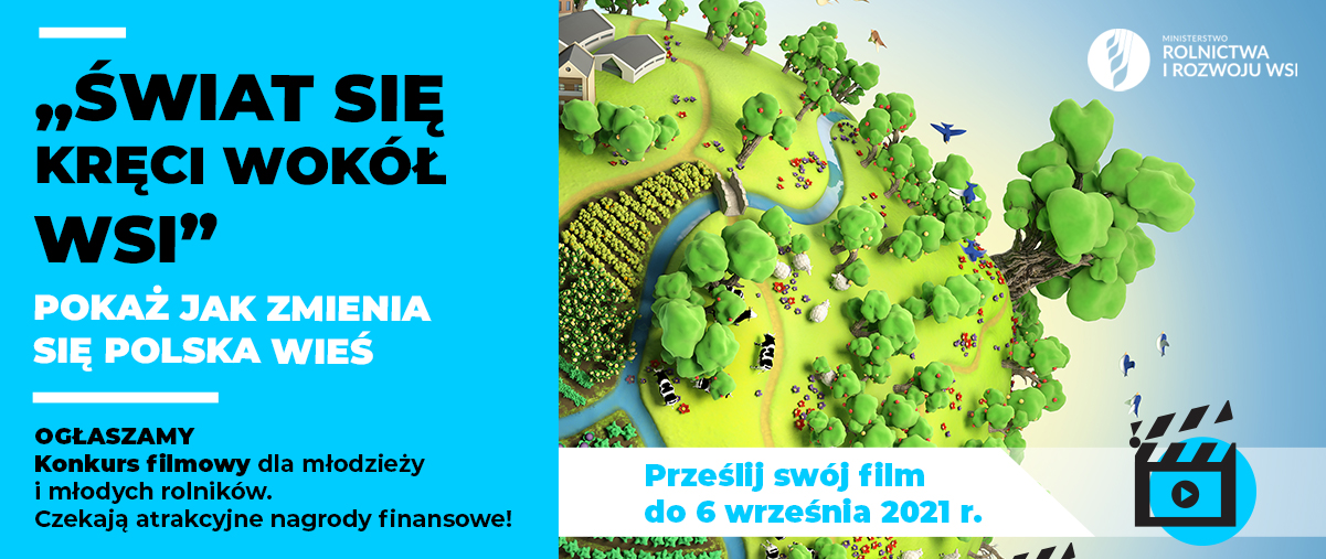 Z lewej strony czarne litery i napis - ŚWIAT SIĘ KRECI WOKÓŁ NAS, z prawej ogród z zielenią