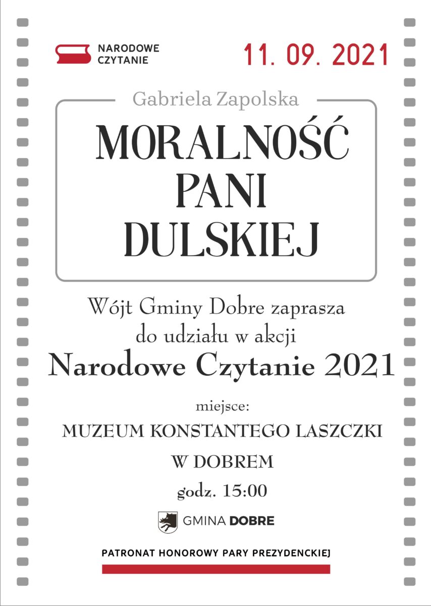 Na białym tle duży napis Narodowe czytanie, Moralność Pani Dulskiej