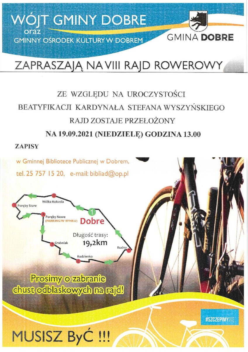 Duży napis VIII Rajd Rowerowy Z lewej strony mapa trasy, z prawej rower