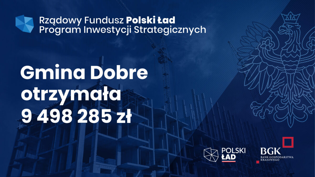 Białe litery na granatowym tle - napis Gmina Dobre