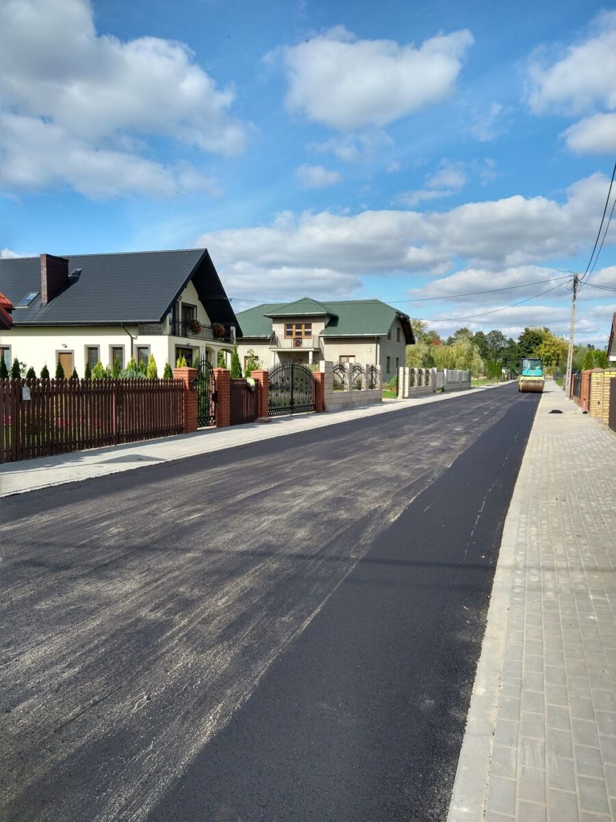 Droga asfaltowa, z prawej strony widoczne domy.