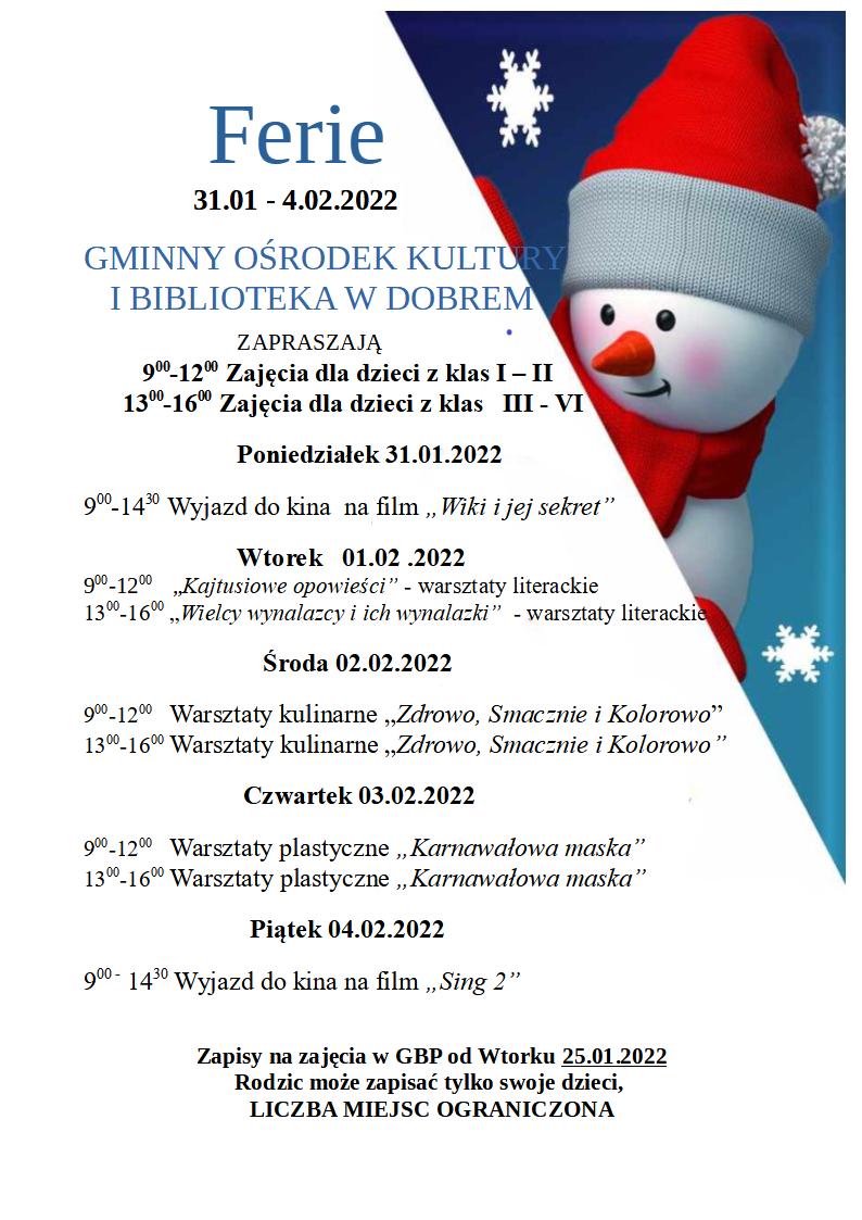 plan ferii zimowych w rogu bałwan w czerwonej czapce