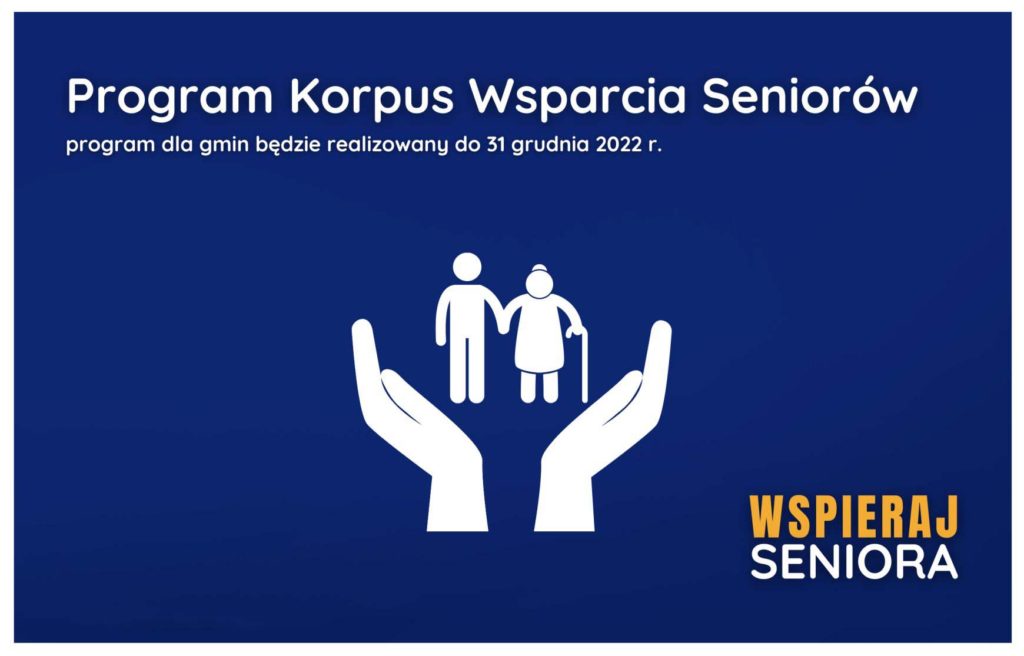 piktogram przedstawiający dłonie i sylwetki starszych osób i napis WSPIERAJ SENIORA na niebieskim tle