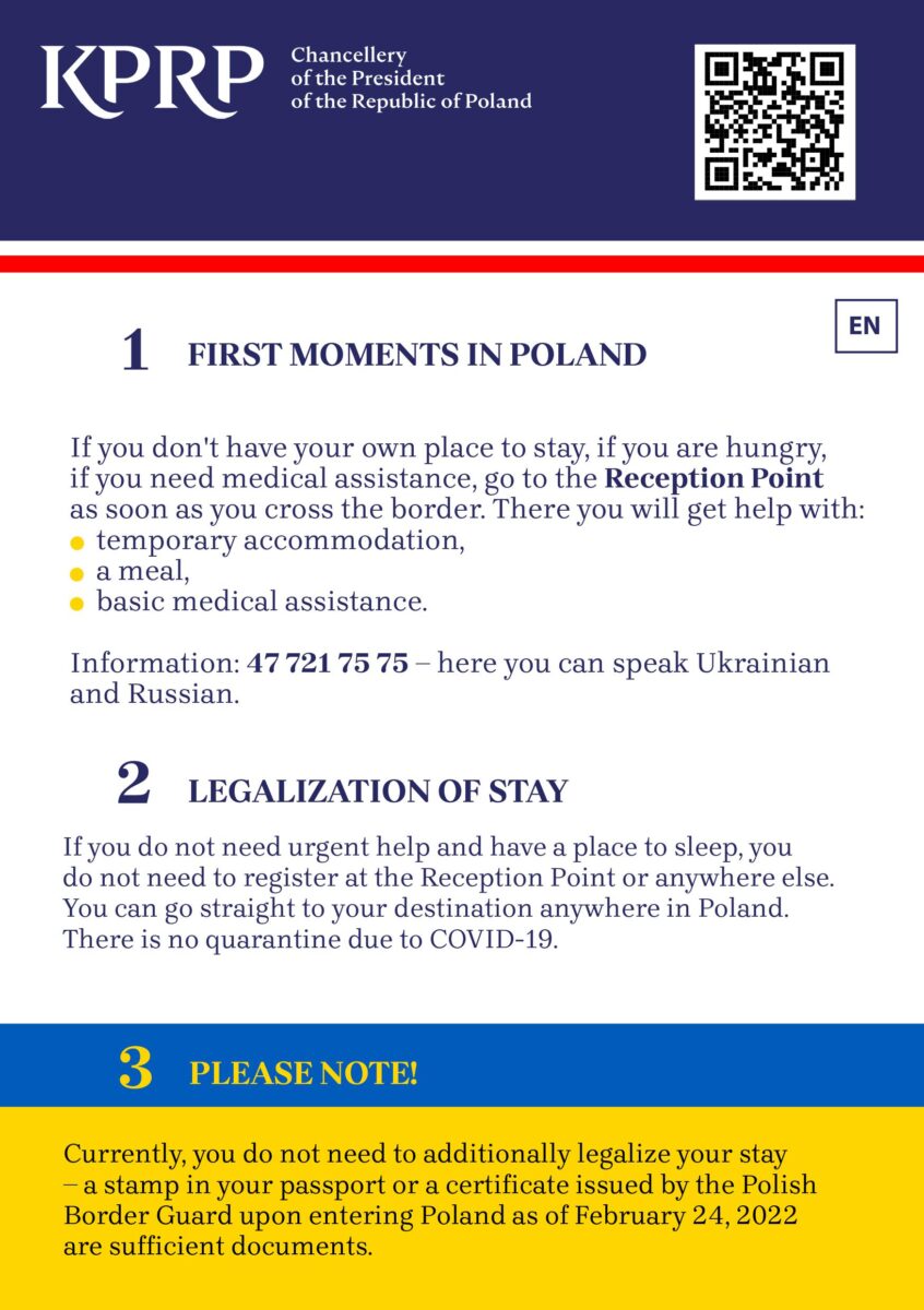 Pierwsza strona ulotki informacyjnej dla uchodź↓ców z Ukrainy w językku angielskim