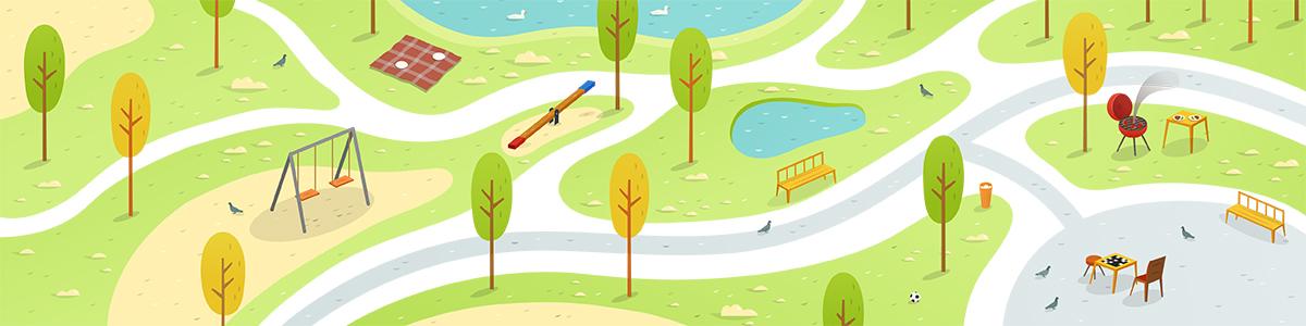 Grafika przedstawiająca park z drzewami alejkami i placem zabaw