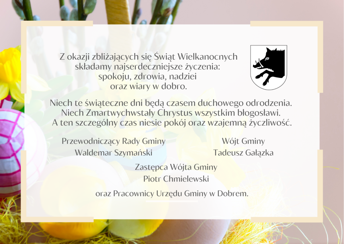 Kolorowa kartka z życzeniami na święta wielkanocne od władz gminy i pracowników urzędu