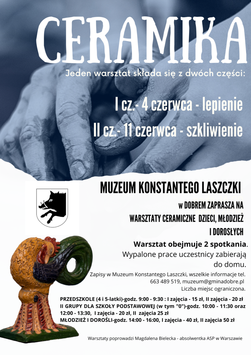 Duży napis z białymi literami CERAMIKA, w tle dłonie W lewym dolnym rogu figurka kogucika