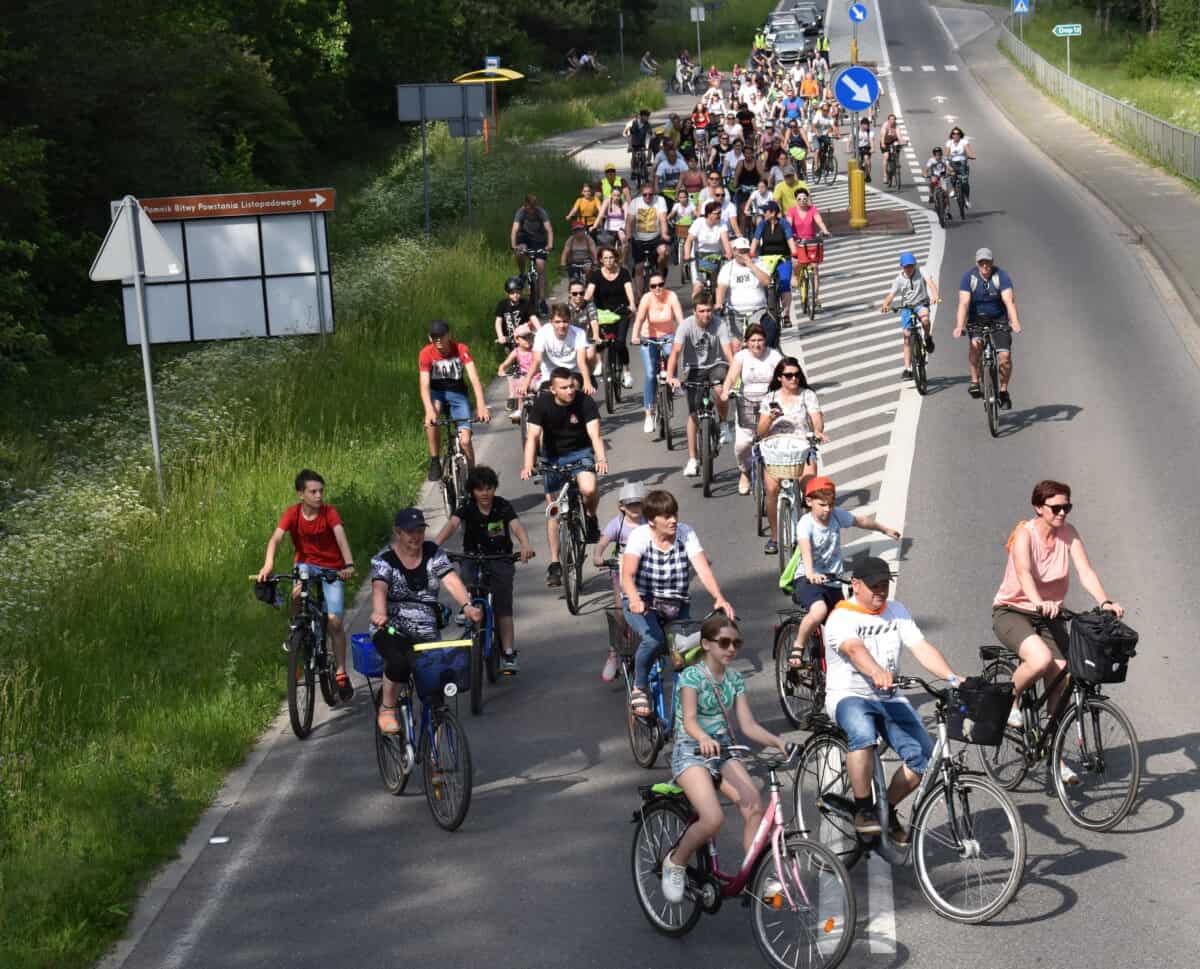 Rajd rowerowy jedzie asfaltową drogą