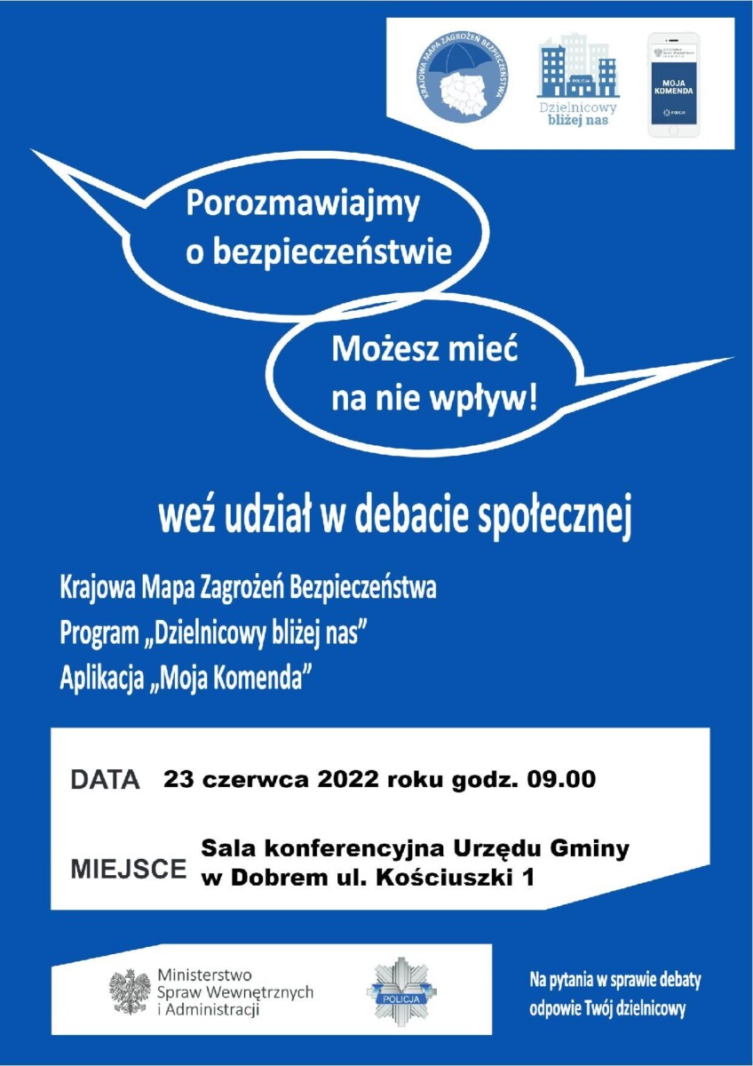 Niebieski plakat z tekstem Porozmawiajmy o bezpieczeństwie - weź udział w debacie społecznej