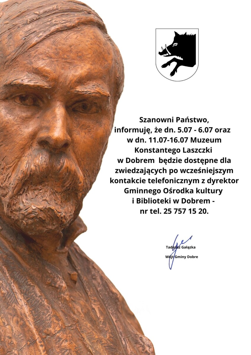 zdjęcie rzeźby i tekst Szanowni Państwo, informuję, że w dn.16-18.06 oraz 25.06 Muzeum Konstantego Laszczki w Dobrem będzie zamknięte dla zwiedzających.