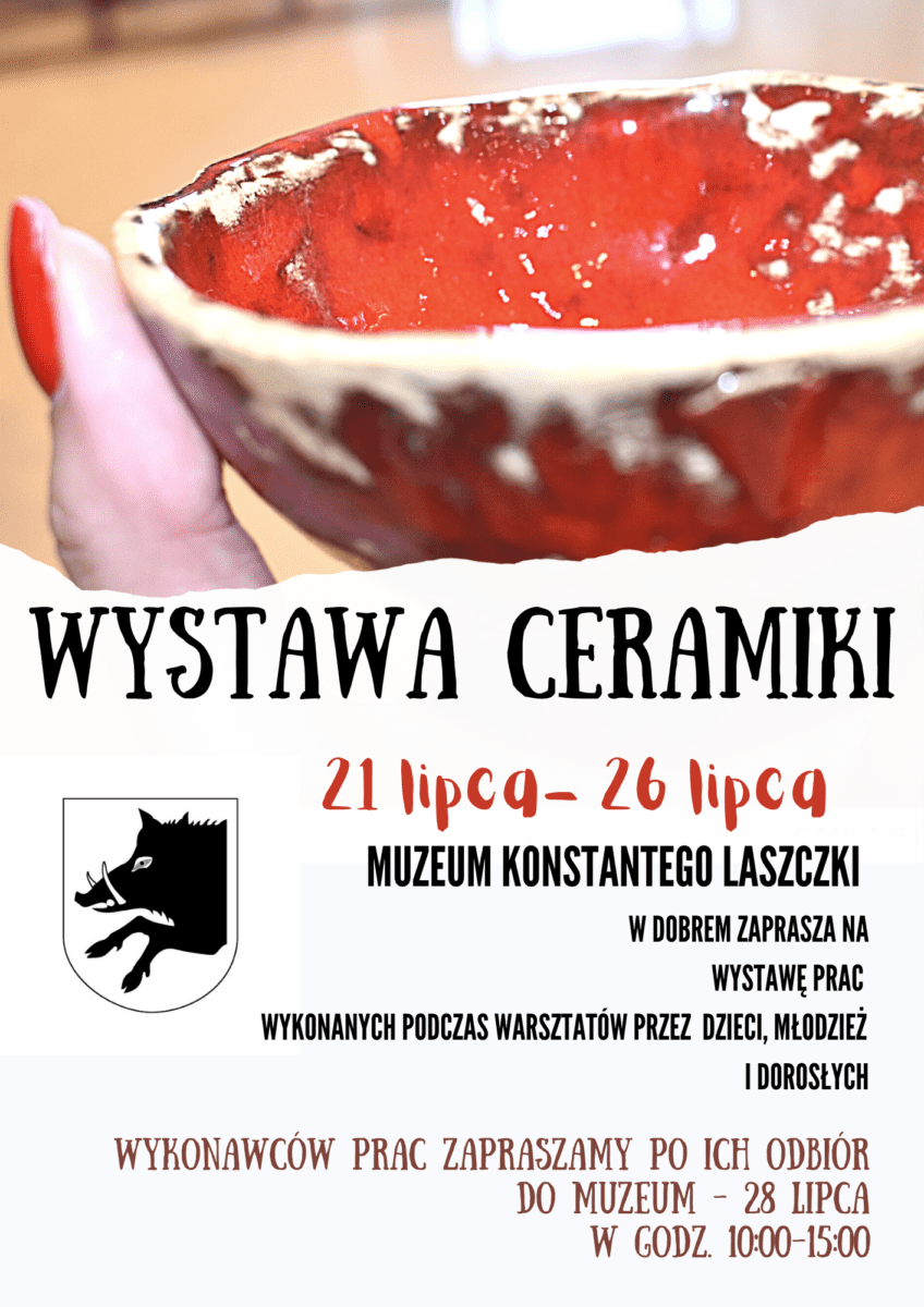 Czerwona miska, czarny napis - wystawa ceramiki