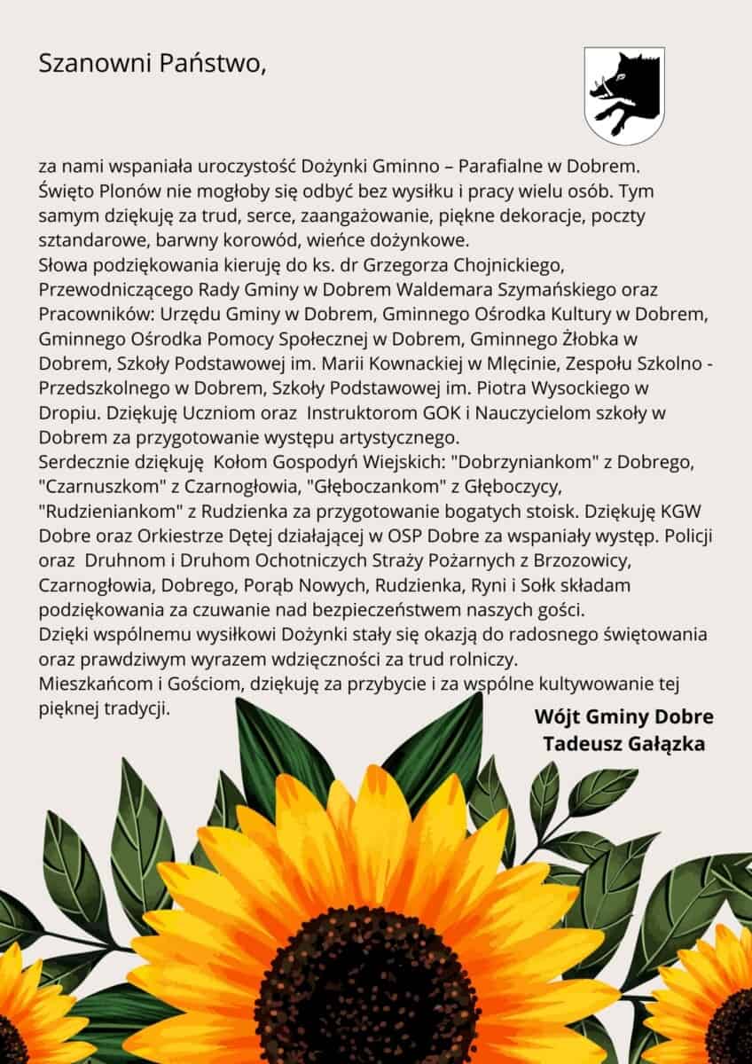Treść podziękowań i słoneczniki w tle.