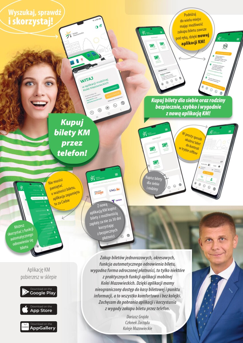 Plakat przedstawiający kobietę i zrzuty ekranu z aplikacji na telefony mobilne