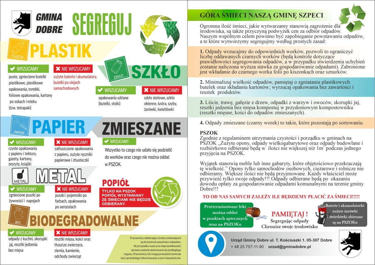 Ulotka informacyjna o segregacji śmieci. Kolorowe kosze