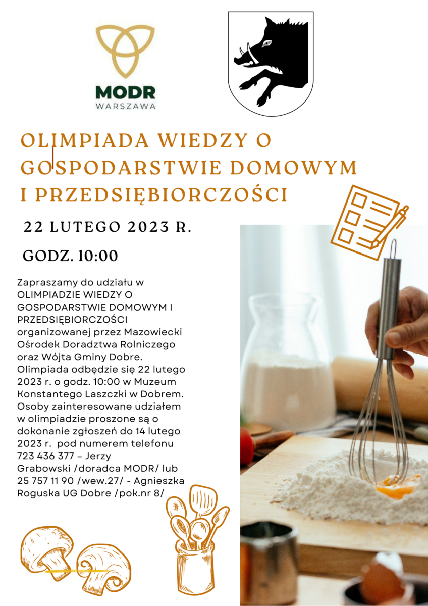 Plakat z dużym napisem OLIMPIADA WIEDZY O GOSPODARSTWIE DOMOWYM I PRZEDSIĘBIORCZOŚCI
