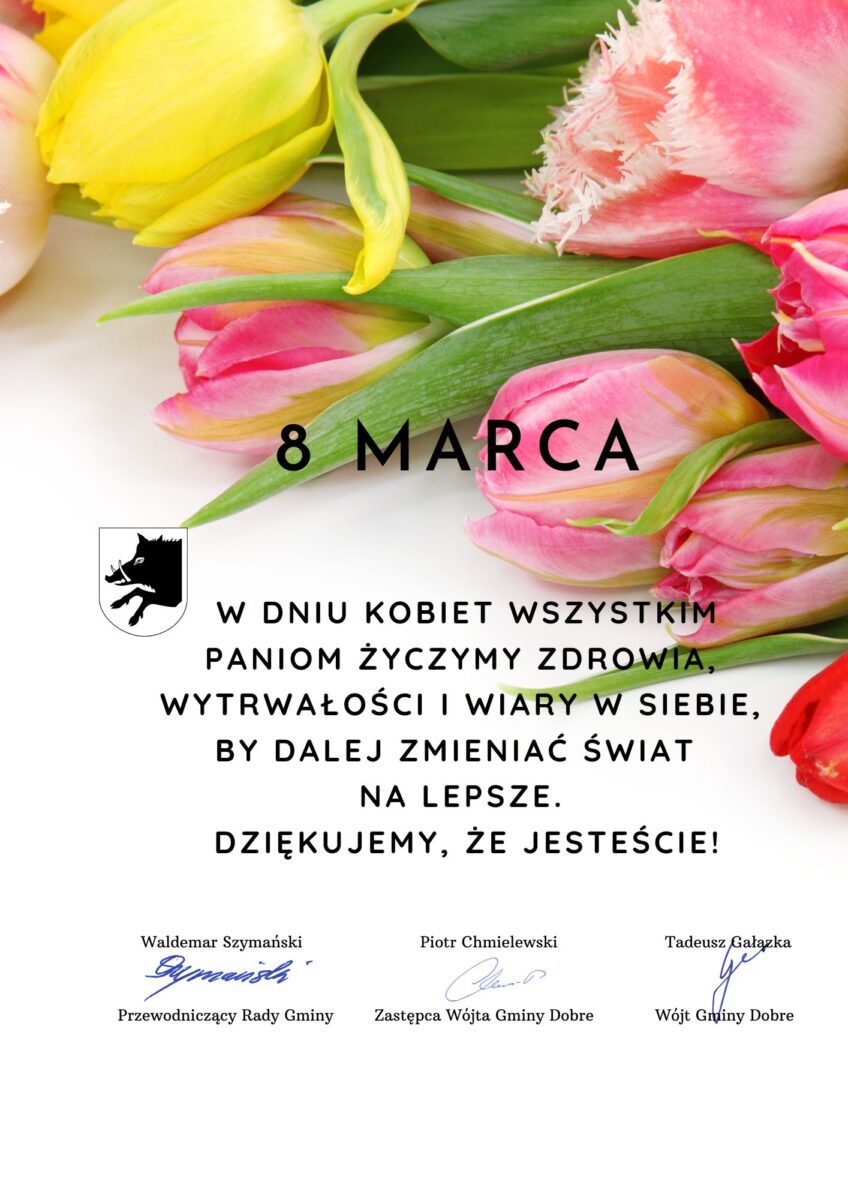 Życzenia z okazji Dnia Kobiet w tle tulipany.