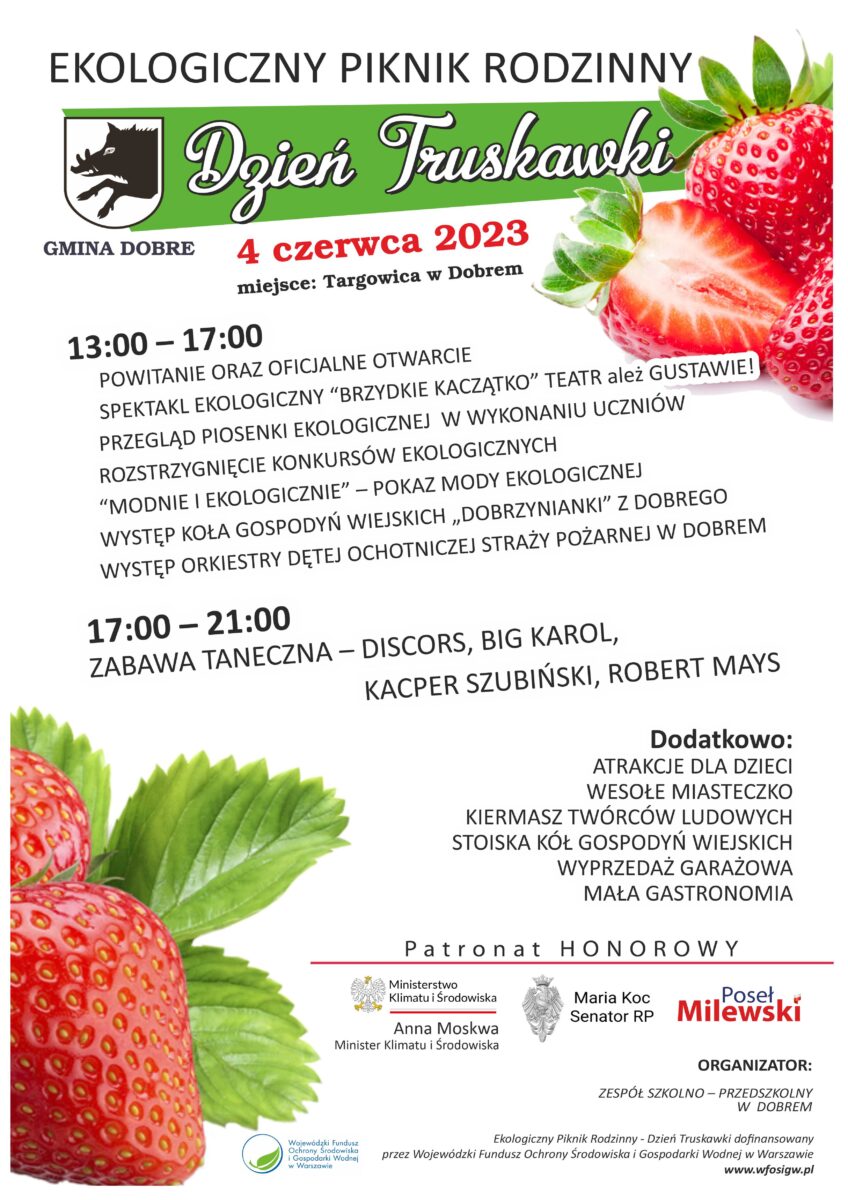 plakat z tryskawkami po bokach i napisemn DZIEŃ TRUSKAWKI