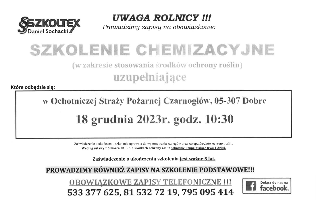 Szkolenie chemizacyjne w zakresie stosowania środków ochrony roślin
