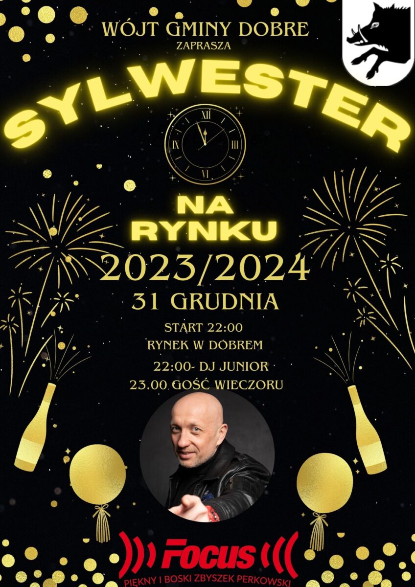 ZDJĘCIE ZBYSZKA PERKOWSKIEGO , NAPIS SYLWEsTER, 2023/2024, czarne tło, złote litery.