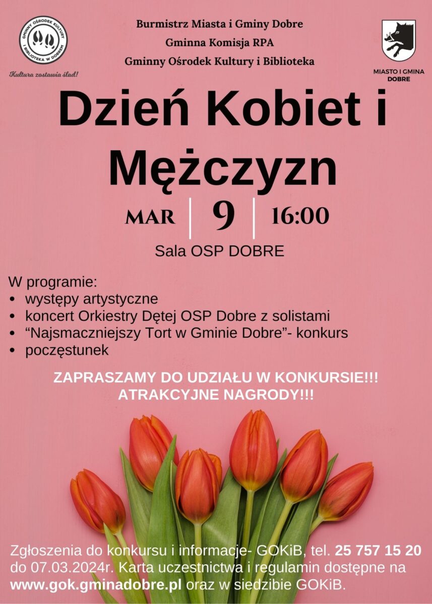 Na obrazku jest plakat z przedstawieniem tulipanów oraz innych kwiatów na różowym tle. Tulipany i inne rośliny są ukazane w kontrastach, które kontrastują z pastelowym tłem.