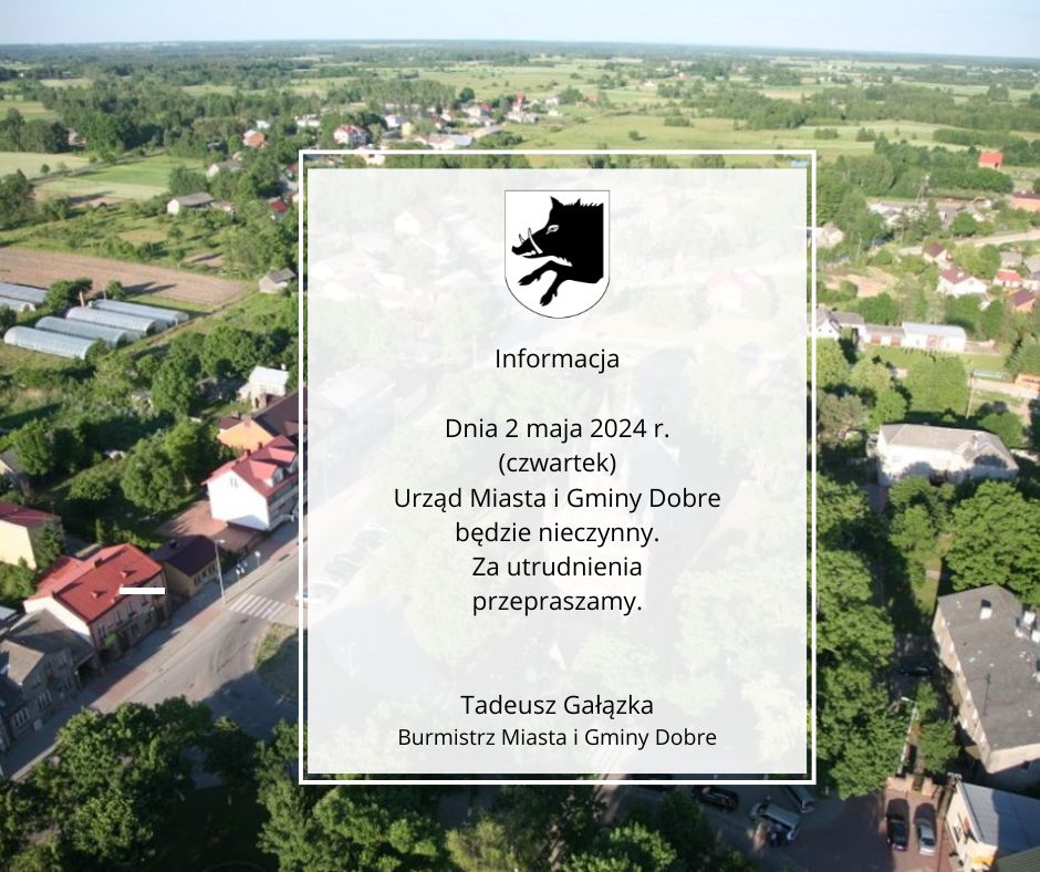Obrazek przedstawia lot ptaka małe miasteczko, na którym znajduje się napis w języku polskim informujący o zamknięciu miasta 2 maja 2024 roku. Możliwość różnych pojazdów, dróg i innych elementów typowych dla infrastruktury miejskiej.