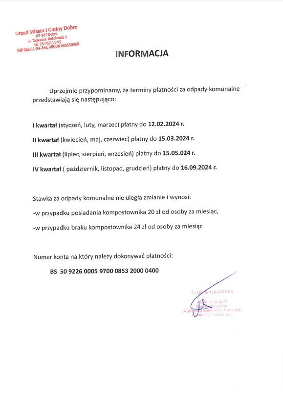 Na widocznym dokumencie jest oficjalny dokument w języku angielskim „Informacja”, który zawiera informacje o kwartalnych terminach płatności opłat komunalnych oraz szczegóły dotyczące płatności. Na dole dokumentu znajduje się podpis wykonany pod czarnym atramentem oraz pieczęć.