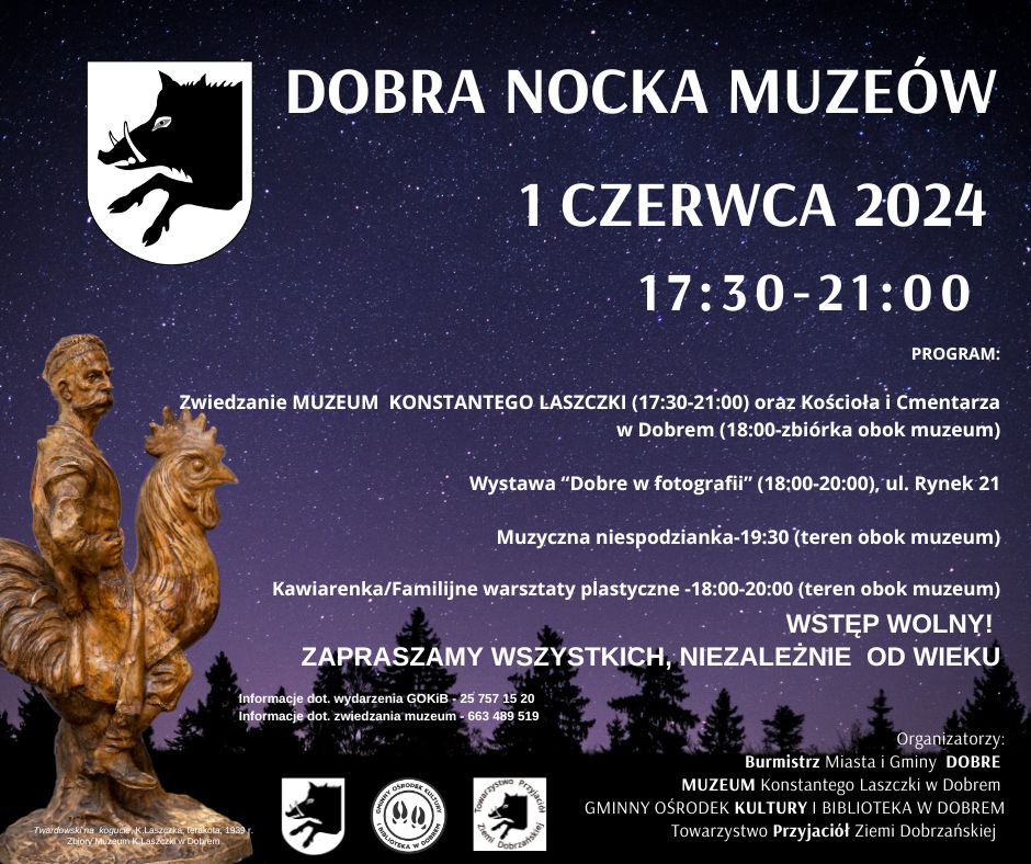 Plakat wydarzenia „Dobra Nocka Muzeów” z 1 czerwca 2024 roku, od godziny 17:30 do 21:00, zawiera informacje o wycieczkach po muzeum, wystawie fotograficznej i kawiarni rodzinnej. Wstęp wolny.