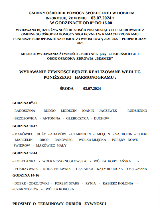 Na obrazku pojawia się ogłoszenie z Miejskiego Ośrodka Pomocy Społecznej w Dobrem w Polsce, informujące o harmonogramie dystrybucji żywności na rok 2024 dla mieszkańców. Harmonogram precyzuje dystrybucję dla różnych obszarów w środę, 3 lipca 2024 roku.