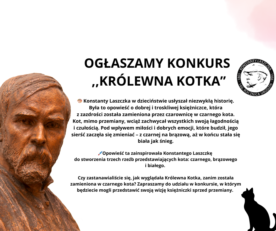 Na miejscu znajduje się brązowa statua mężczyzny, a obok niej znajdują się teksty po polsku dotyczące „Księżniczki Kotów”. Ilustracje przedstawiają kota z koroną oraz monetę, które są tworzone z charakterystycznym elementem kota.
