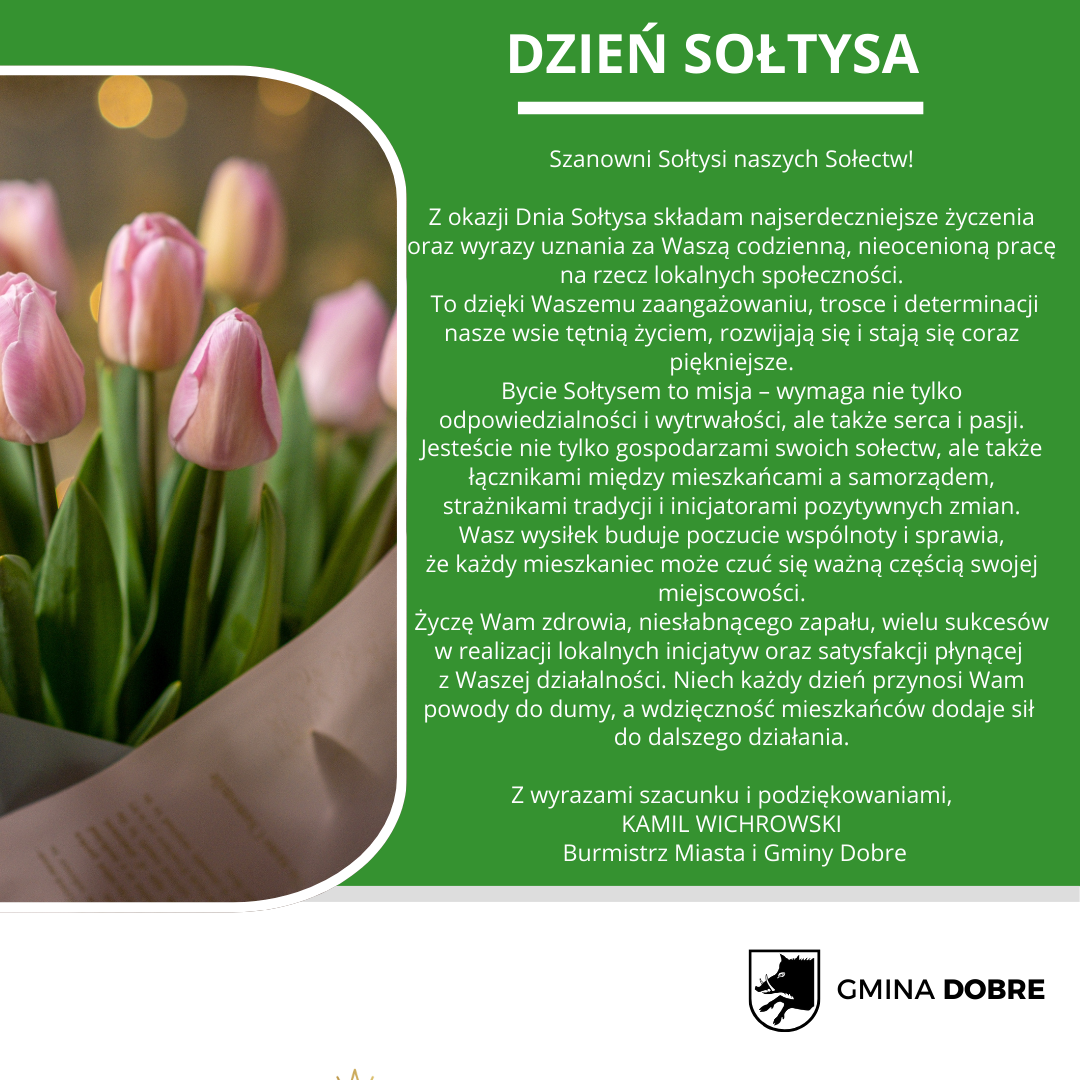 Na obrazku są tulipany w wazonie obok listy z życzeniami z okazji „Dnia Sołtysa” od burmistrza Kamila Wichrowskiego. U dołu listy znajduje się logo gminy Dobre.