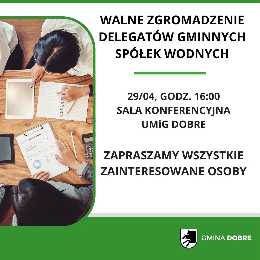 Walne zgromadzenie spółek wodnych. Zdjęcie osób przy stole z dokumentami i urządzeniami. Użyto zielonej i białej kolorystyki.