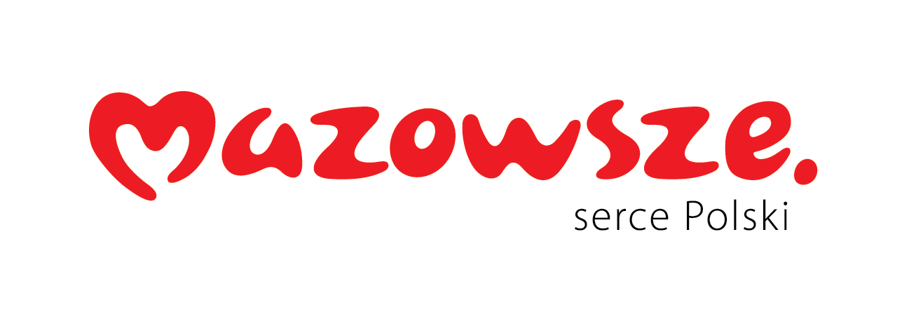 Logo przedstawia napis „Mazowsze” wykonany w stylizowanych czerwonych kursach, co nadaje mu funkcjonalny i wyróżniający się wygląd. Zawiera się czarny tekst „serce polski”, który uzupełnia logo o dodatkowy kontekst geograficzny.