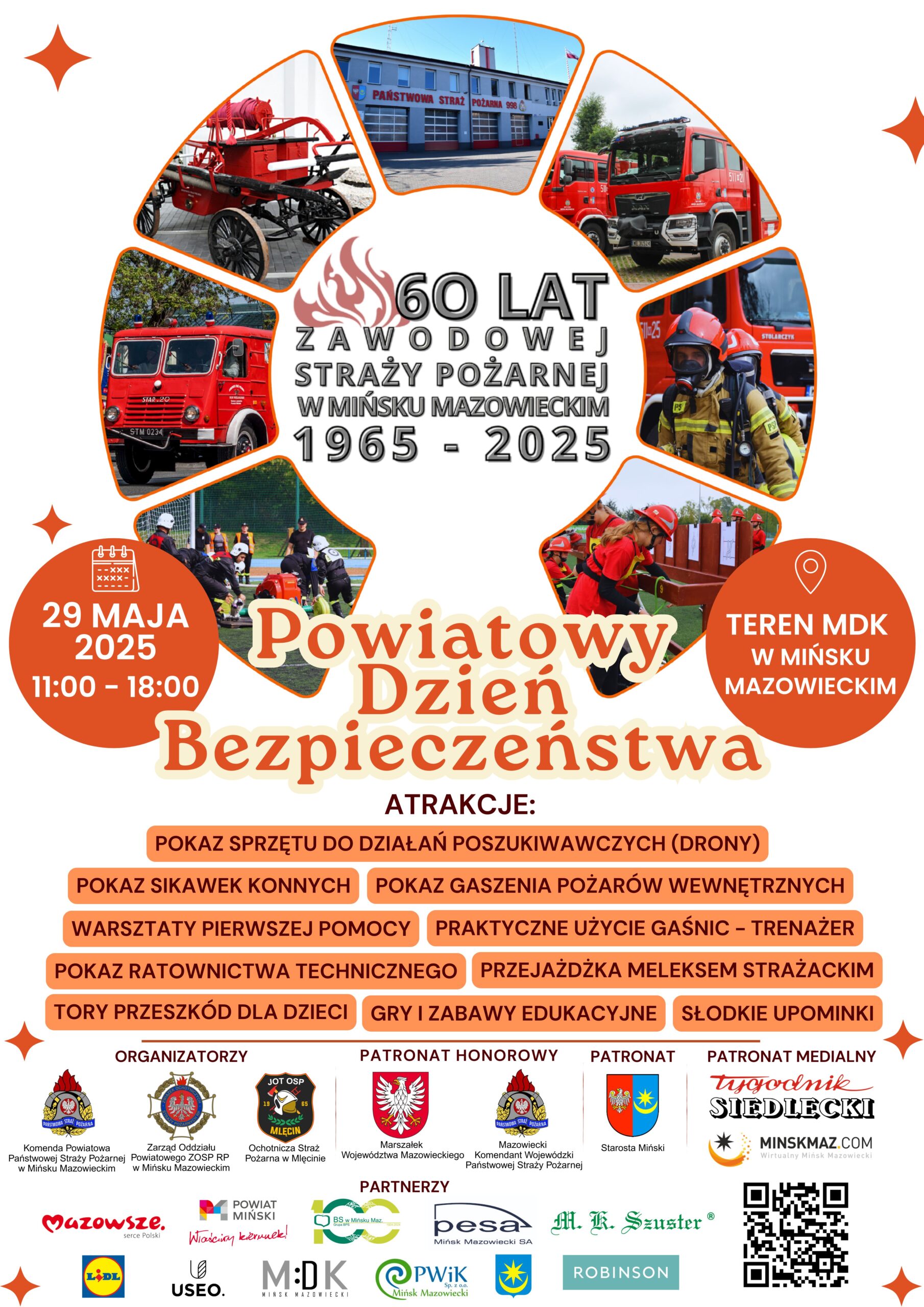 Plakat promujący Powiatowy Dzień Bezpieczeństwa. Dominuje biało-pomarańczowa kolorystyka. Zawiera zdjęcia wozów strażackich i harmonogram atrakcji.