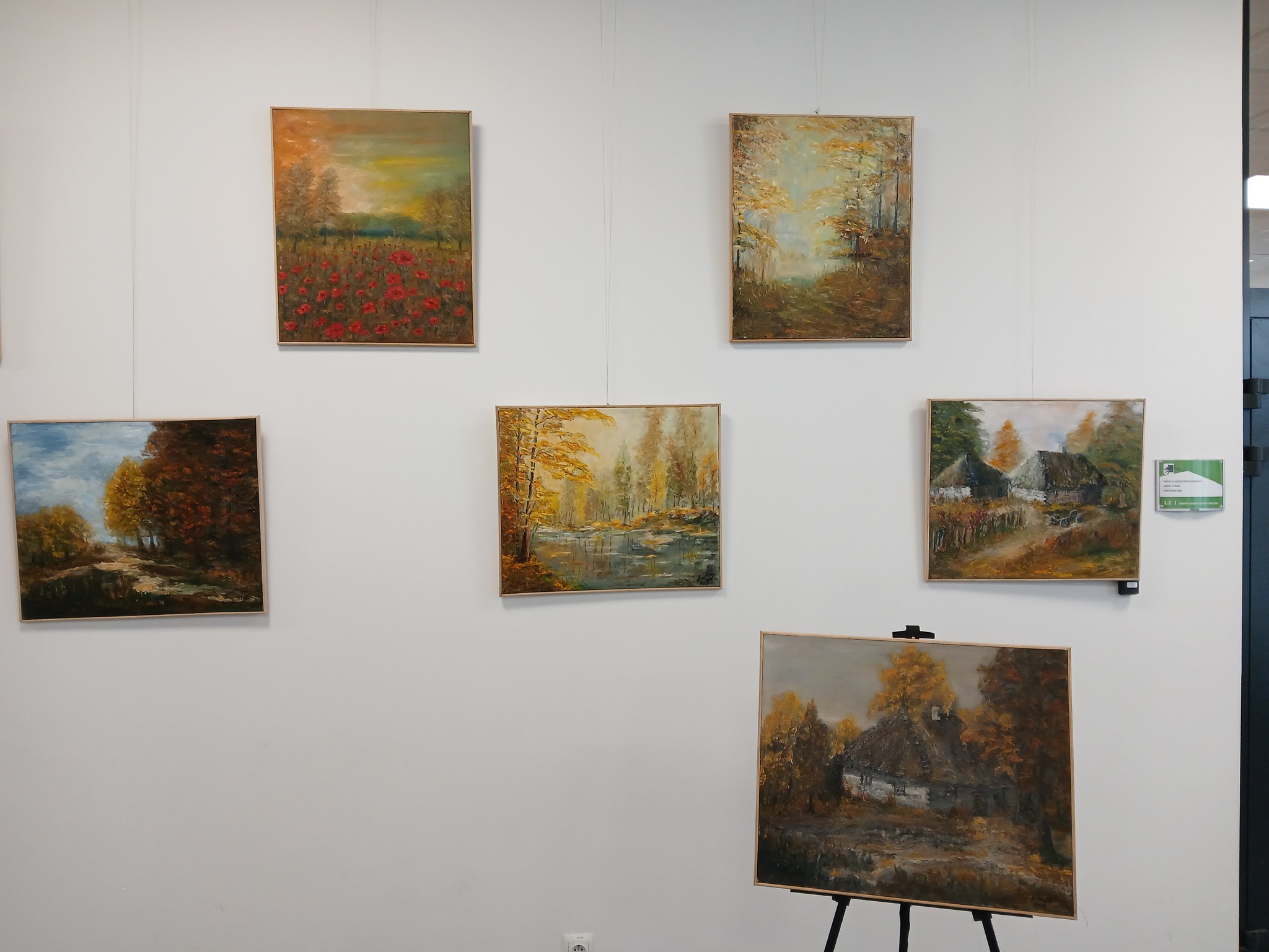 Ściana z sześcioma obrazami o tematyce jesiennej. Dominują brązy, czerwienie i złoto. Tło to biała ściana galerii.