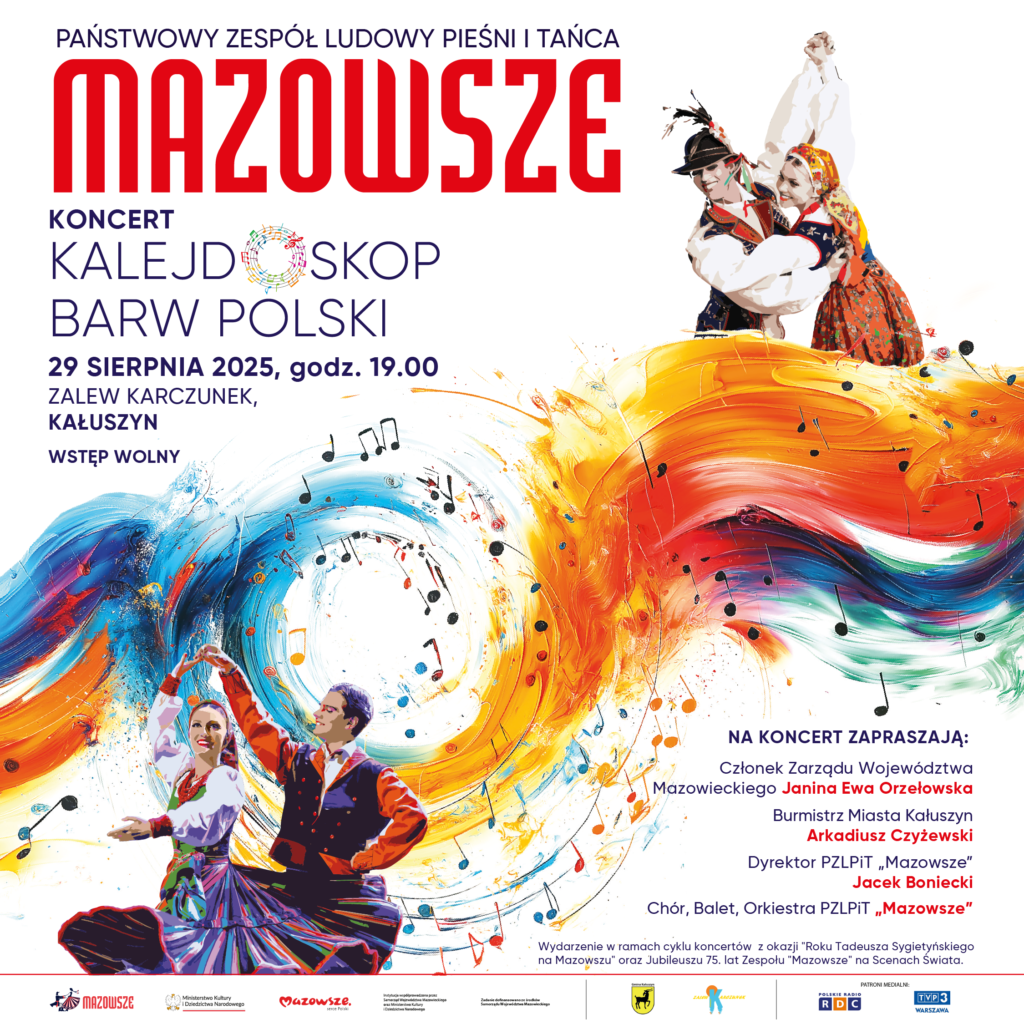 Plakat promuje koncert zespołu Mazowsze, z barwnymi wirami i tańczącymi parami w tradycyjnych strojach. Dominują kolory czerwony, niebieski i pomarańczowy, kontrastujące na białym tle. Wydarzenie odbędzie się 29