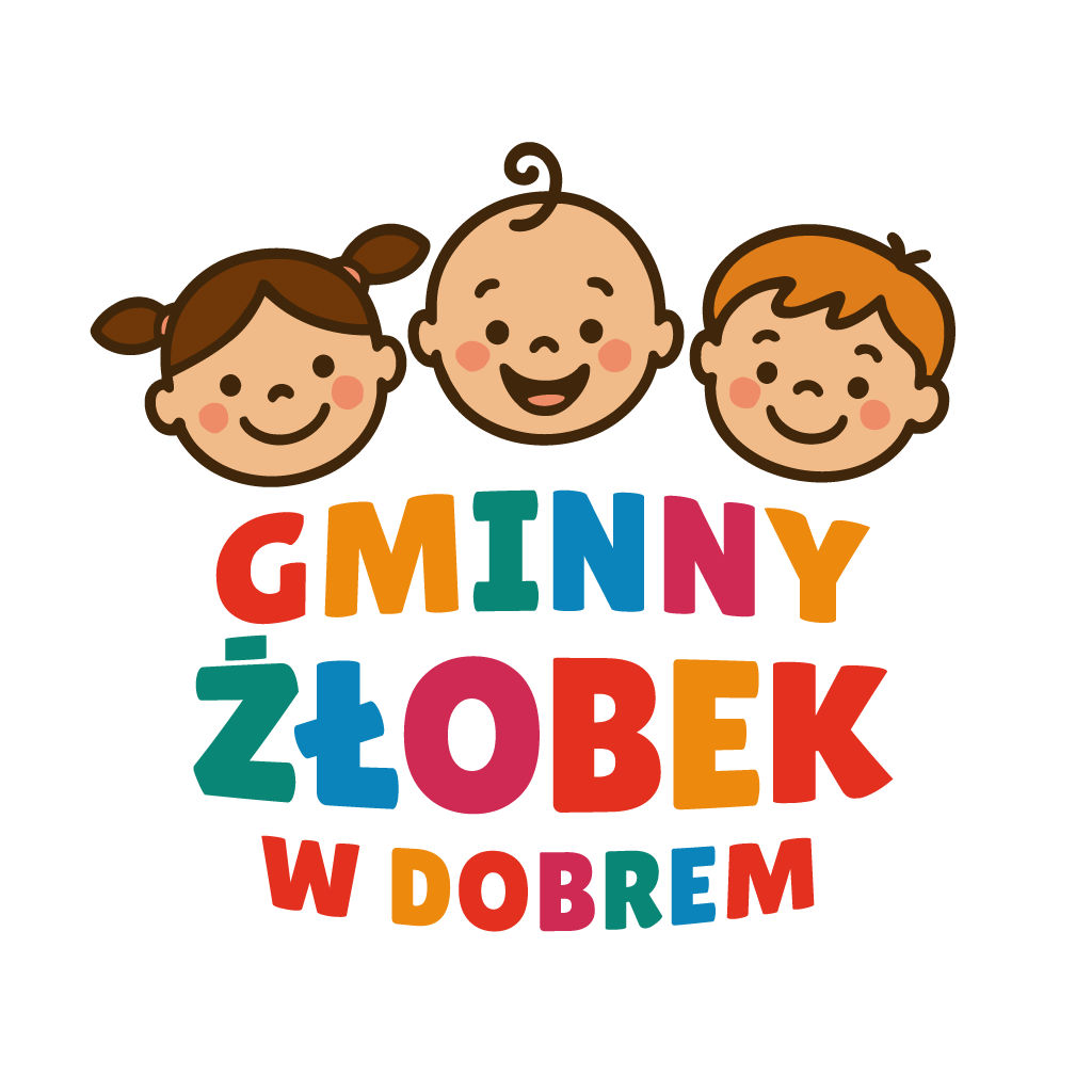 Trzy uśmiechnięte dzieci na czarnym tle. Kolorowy napis Gminny Żłobek w Dobrem. Różnorodne kolory liter wyróżniają się.
