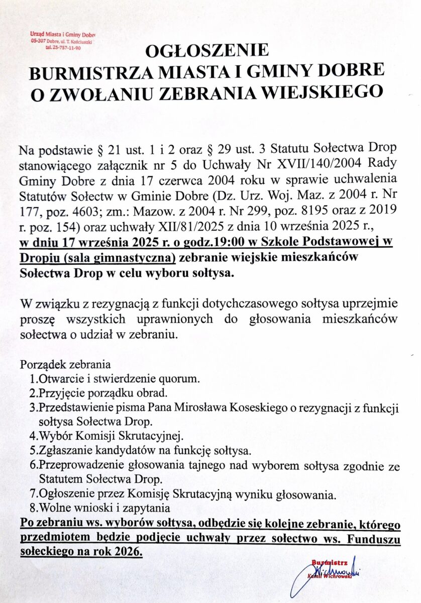 Ogłoszenie burmistrza miasta Dobre o zebraniu wiejskim w Szkole Podstawowej. Białe tło, czarny tekst, czerwone logo. Dotyczy wyboru sołtysa.