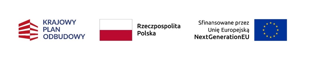 Logo z biało-czerwonymi pasami, flaga Polski i logo UE na białym tle. Tekst dotyczy Krajowego Planu Odbudowy i NextGenerationEU.