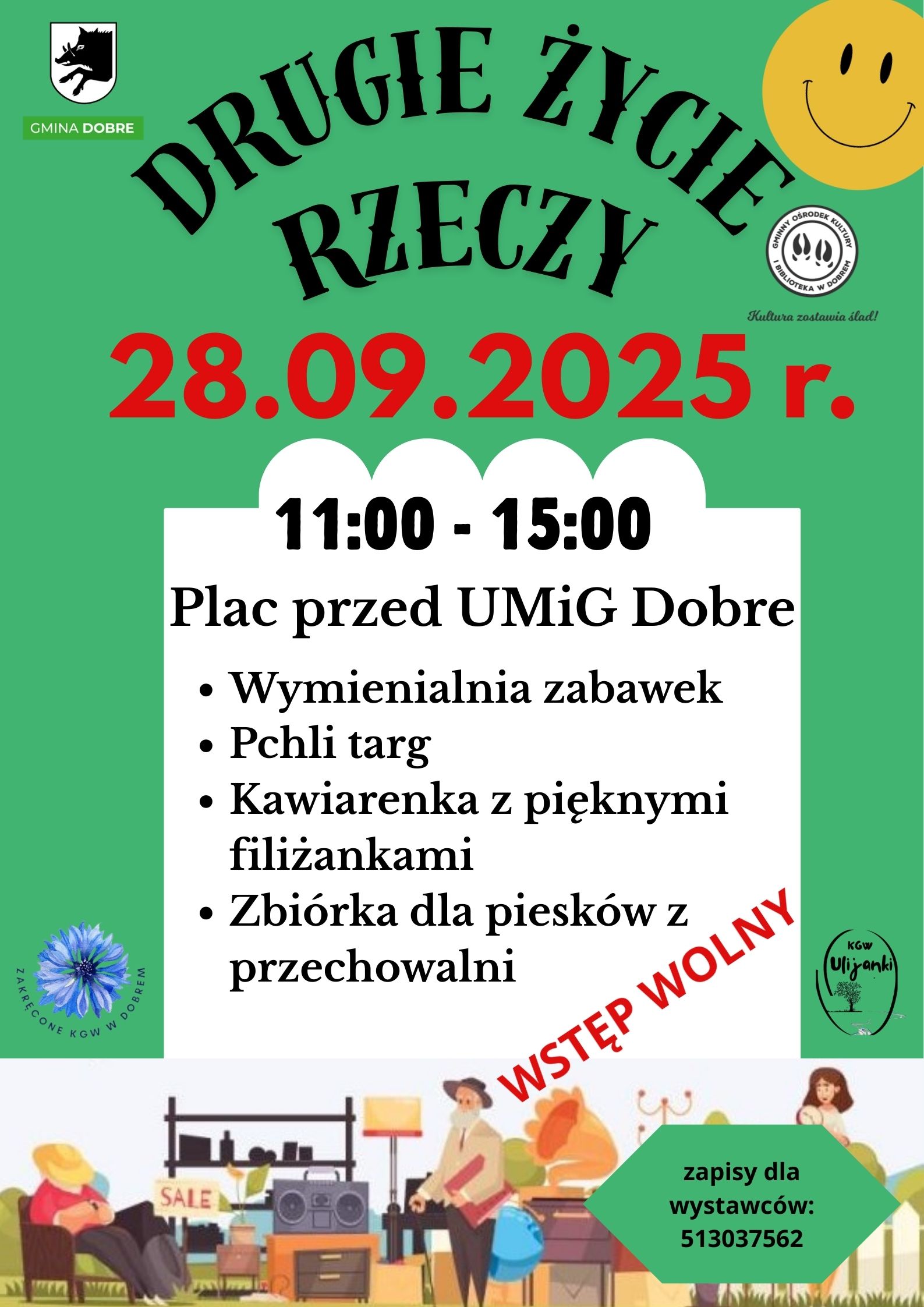 Plakat promuje wydarzenie „Drugie życie rzeczy” 28.09.2025 r. na zielonym tle. Zawiera hasło „wstęp wolny” i szczegóły spotkania.