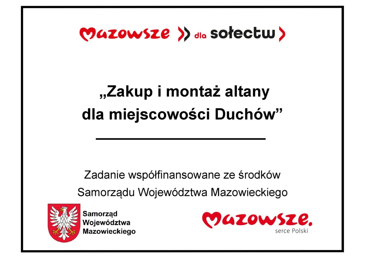 Plakat o zakupie altany dla miejscowości Duchów z logo Mazowsza. Kolory czerwony, czarny, biały. Na dole herb Mazowsza.