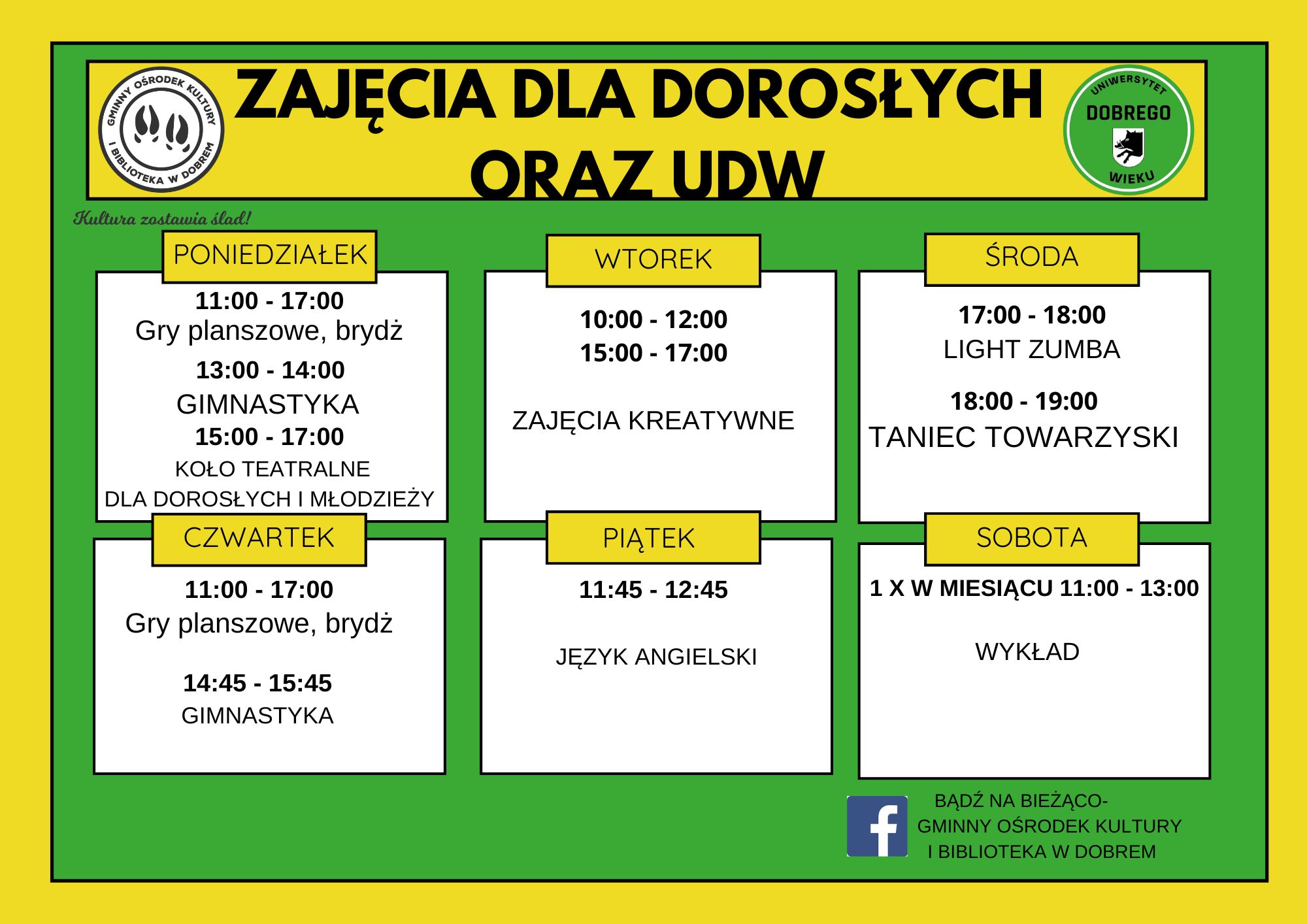Harmonogram zajęć dla dorosłych na tle zielono-żółtym. Poniedziałek-sobota, różne aktywności jak gimnastyka i taniec. Logo i kontakt na dole.