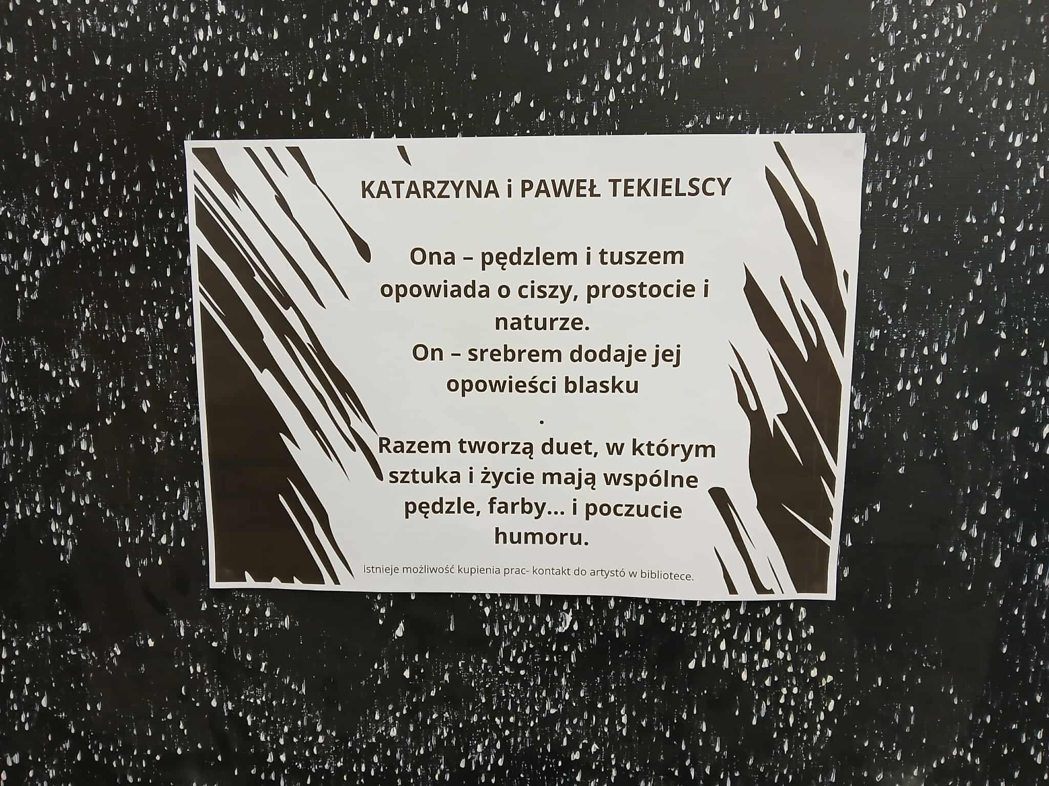 Plakat na czarnym tle z białymi, deszczowymi wzorami. Treść opisuje duet artystyczny, ich techniki i styl. Użyto ciemnych i białych kontrastów.