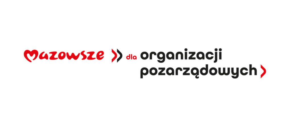 Napis Mazowsze dla organizacji pozarządowych z czerwonym i czarnym tekstem na białym tle, ozdobiony czerwonymi strzałkami.
