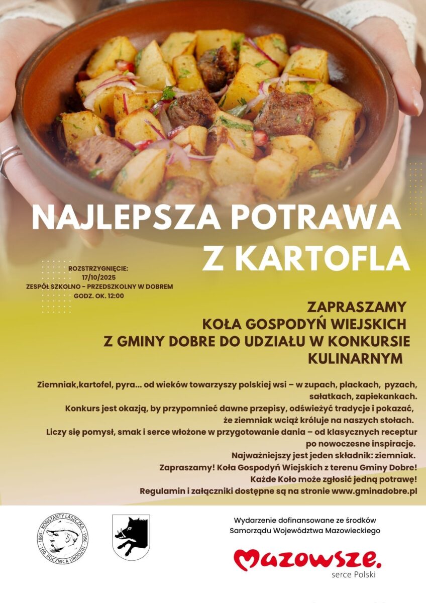 Miseczka brązowa z ziemniakami i mięsem, ozdobiona ziołami. Tło jasnobrązowe, tekst promuje konkurs kulinarny. Dominują kolory żółty i czerwony.