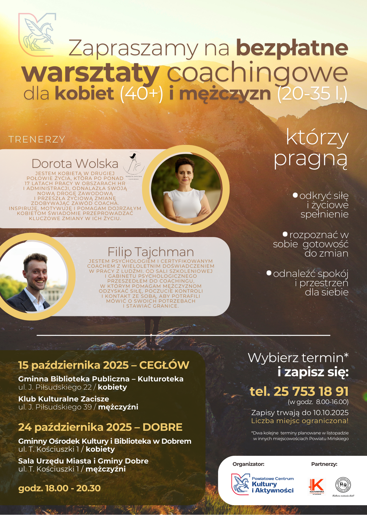 Plakat promujący darmowe warsztaty coachingowe dla kobiet i mężczyzn. Tło to górski krajobraz w odcieniach żółci i brązu. Zdjęcia trenerów i szczegóły spotkań u dołu.