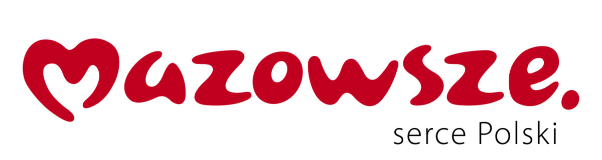 Logo z czerwonym napisem Mazowsze na białym tle. Litera M przypomina kształt serca. Poniżej czarny tekst serce Polski.