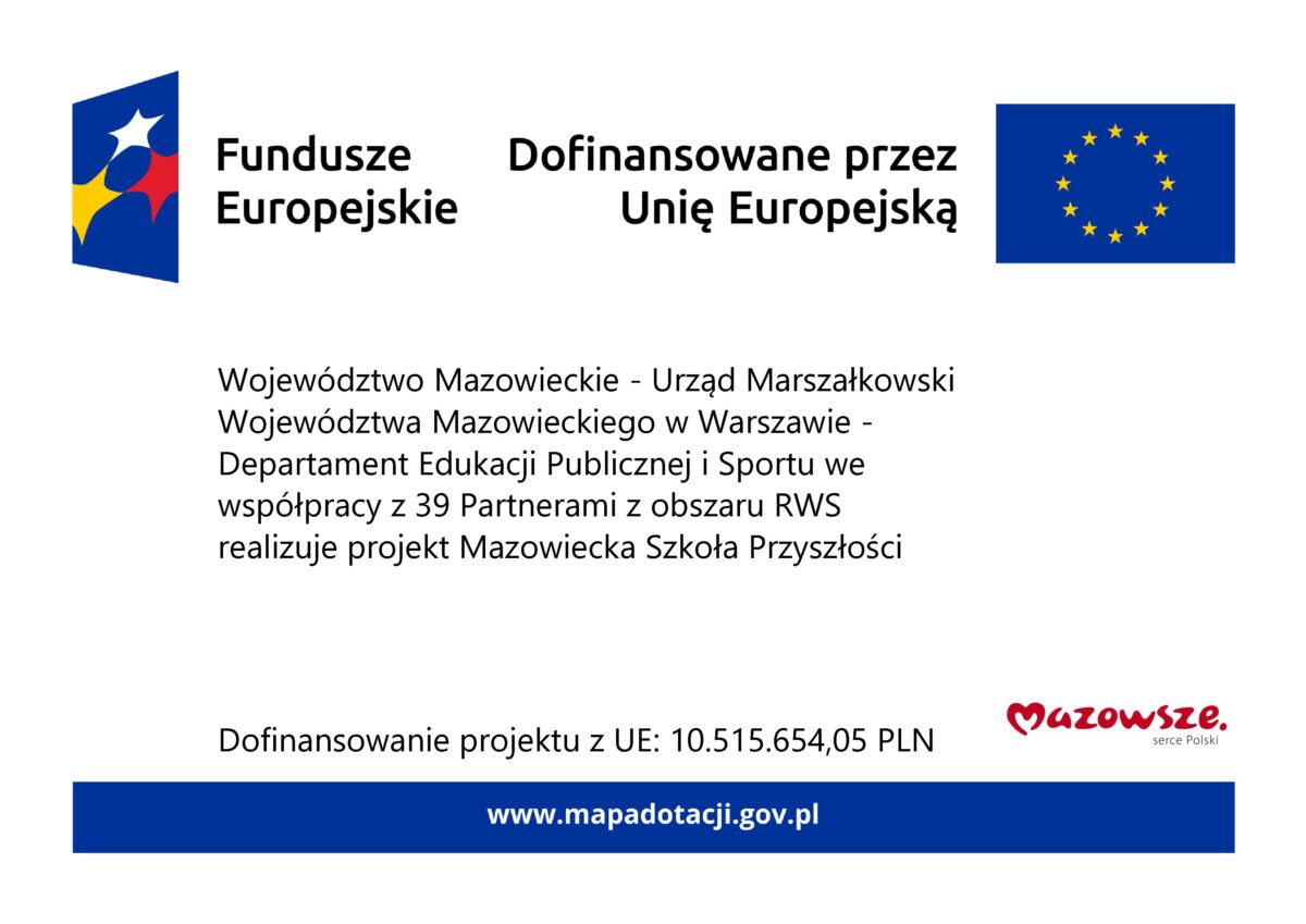 Plakat z logo Funduszy Europejskich i Unii Europejskiej na białym tle. Czarny tekst opisuje projekt edukacyjny Mazowsza. Na dole widoczny jest niebieski pasek z adresem strony.
