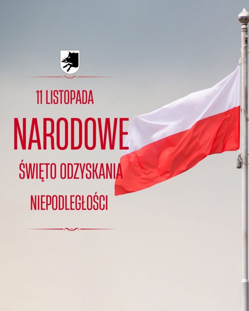 Plakat z polską flagą na maszcie, na szarym tle z czerwonym napisem 11 listopada Narodowe Święto Odzyskania Niepodległości.