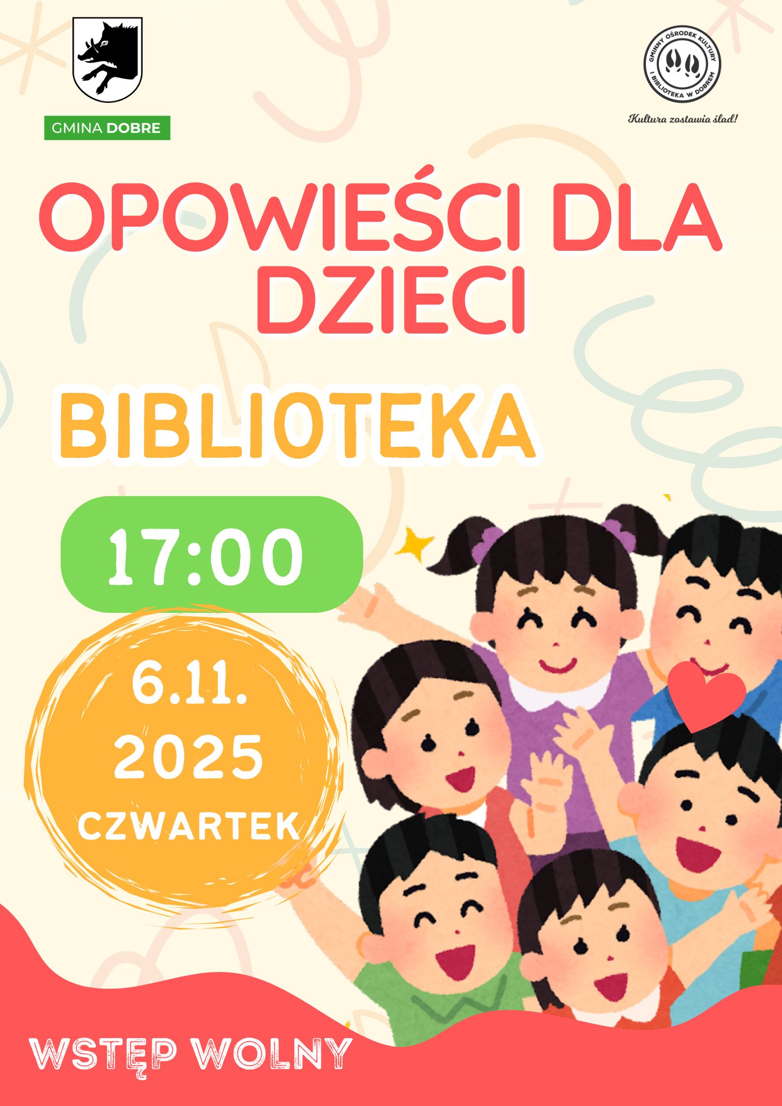 Plakat zaprasza na opowieści dla dzieci w bibliotece. Na środku są uśmiechnięte dzieci, żółte i zielone akcenty. Data: 6.11.2025, godz. 17:00.